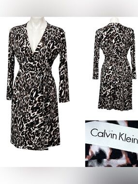 Calvin Klein wrap dress Brown multicolor Animal Print true Wrap office cocktail